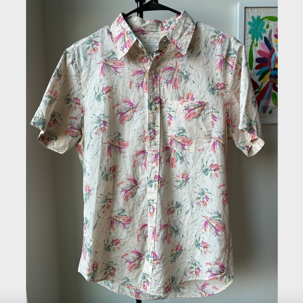 J. Crew Men's Cream & Pink Print Short-Sleeve Cotton-Linen Blend Shirt - Size S